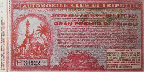biglietto Lotteria Automobilistica Gran Premio di Tripoli