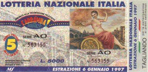 biglietto Lotteria Nazionale Italia del 1996 «artista F. Piruca» - «Carramba! Che Sorpresa»
