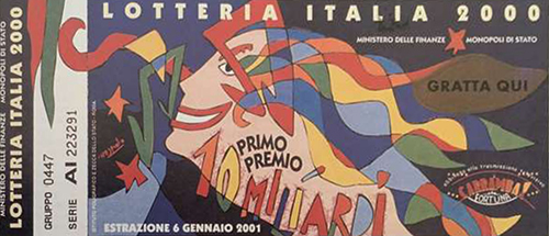 biglietto Lotteria Italia del 2000 «artista U. Nespolo» - «Carramba! che Fortuna»