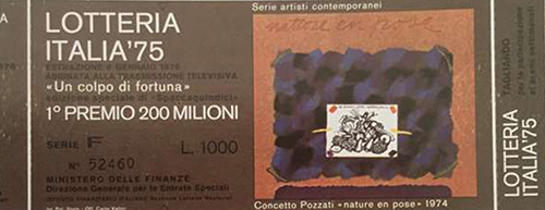biglietto Lotteria Italia del 1975 «artista C. Pozzati» - «Un colpo di Fortuna» edizione speciale di «Spaccaquindici»